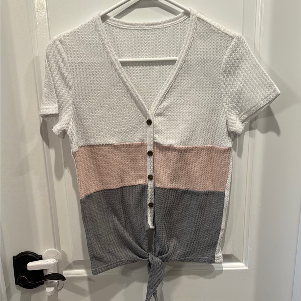 SHEIN White and Pink Button Down Tie Front Top